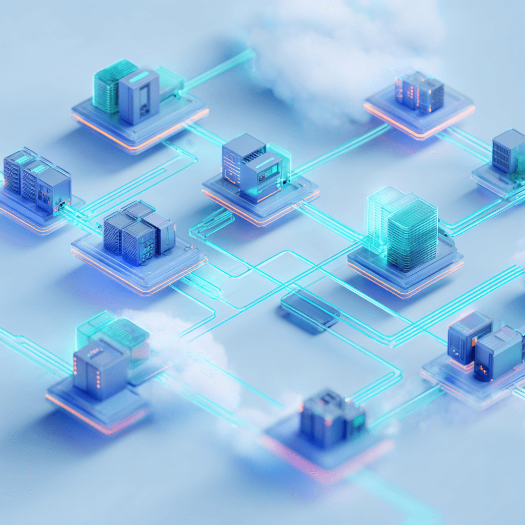 Cluster of cloud icons connected by pipelines, or an abstract CI/CD dashboard